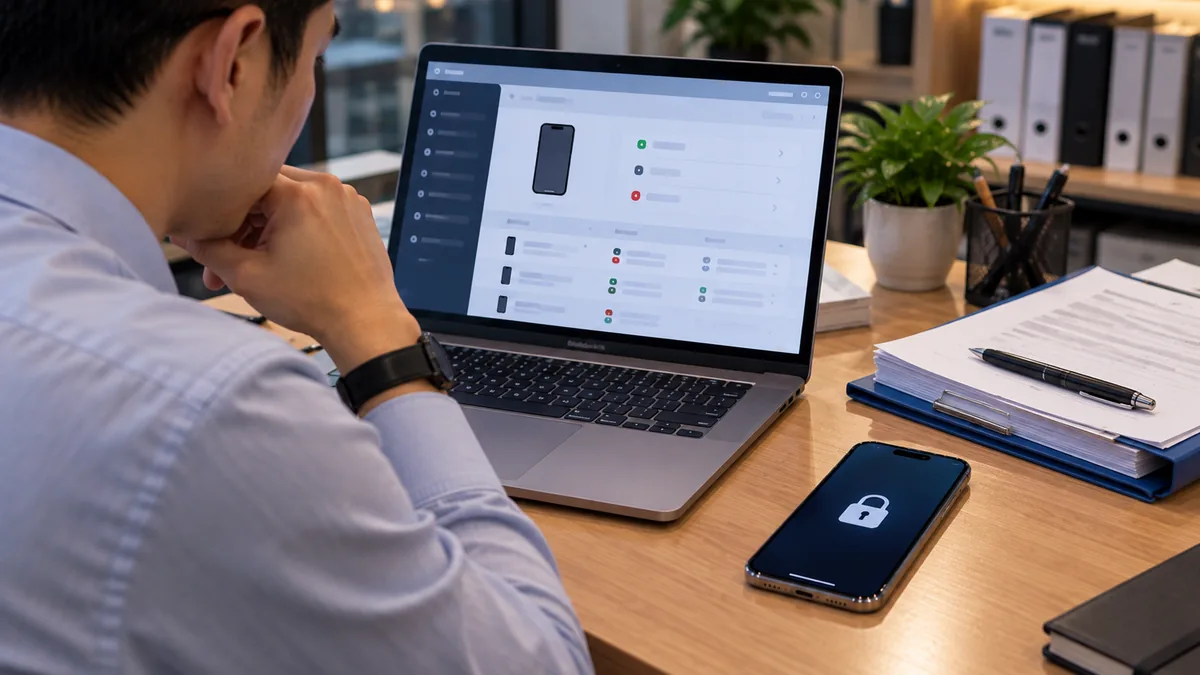 a returned company iPhone on a desk while a manager checks the MDM console