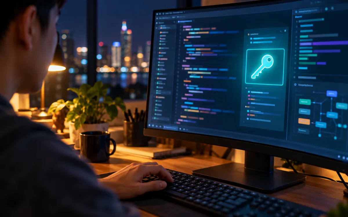 A person types at night; the monitor shows a glowing key among abstract code blocks.
