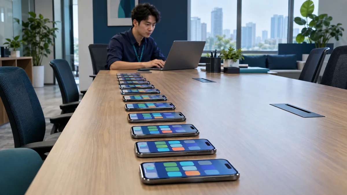 several company iPhones on a desk while someone pushes a Wi-Fi configuration
