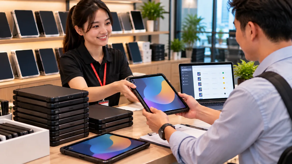 a staff member handing a leased iPad to a business customer at a counter