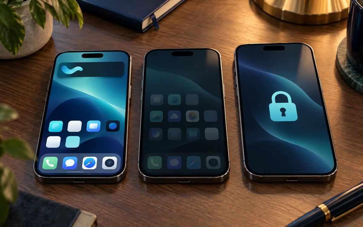 Three iPhones on a desk: a few icons on the left, a darker middle screen, and a lock icon on the right.