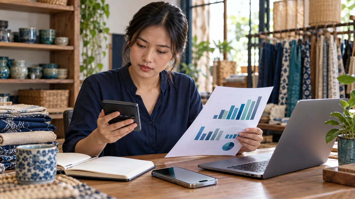 a shop owner reviewing a pricing table on a laptop, iPhone boxes beside it