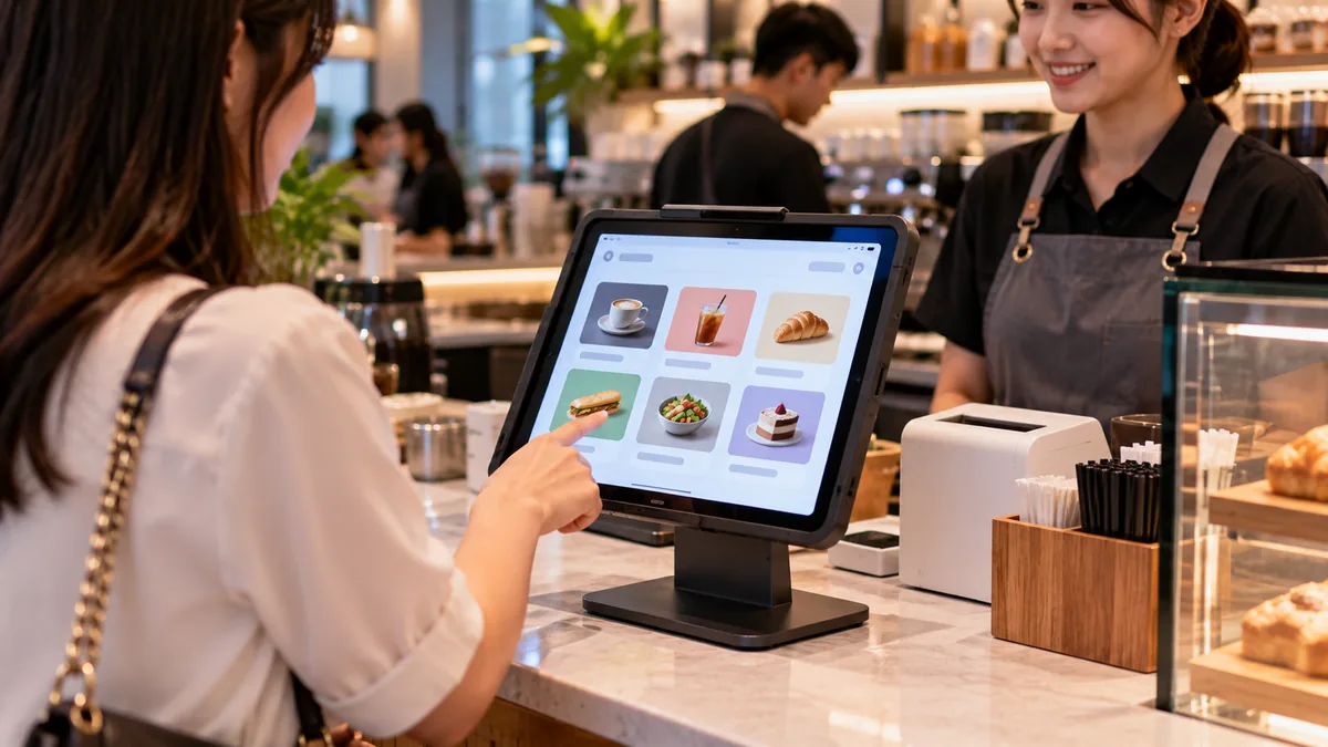 an iPad on a stand at a shop counter showing a sales app