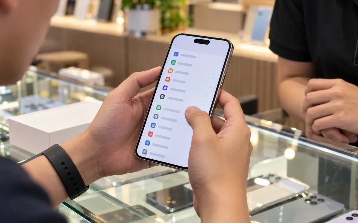A person checks a list of items on an iPhone at a phone counter, with a staff member across the glass.