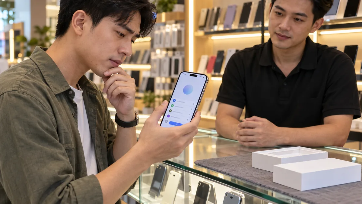 a used-phone buyer checking an iPhone setup screen at a shop counter