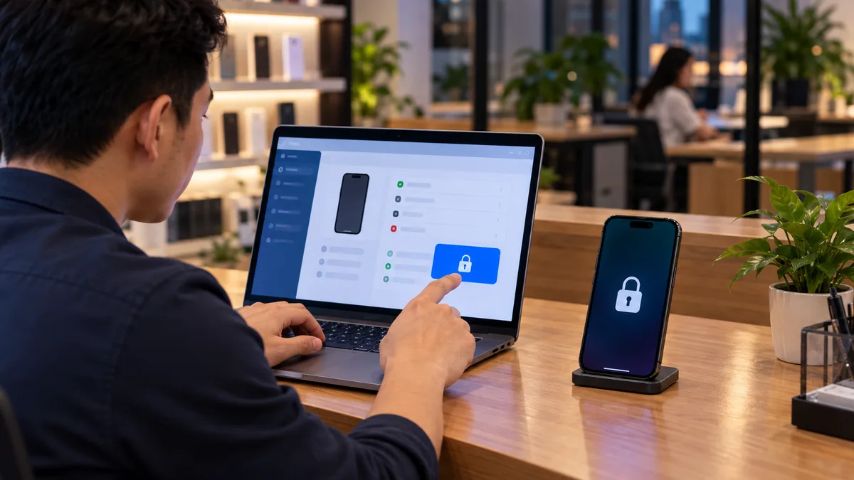 a manager sending a lock command on a laptop while an iPhone shows a shop message