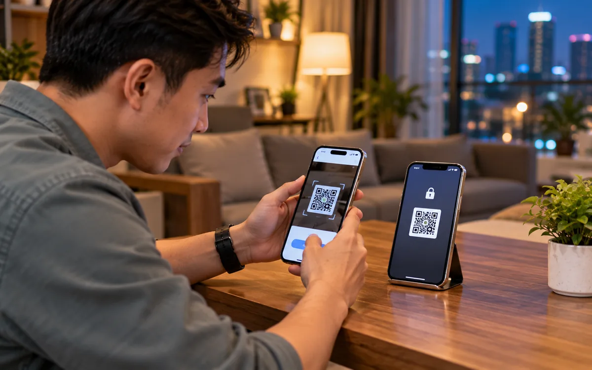 A person in a living room scans a code; a second iPhone on a stand shows a lock and a QR pattern.