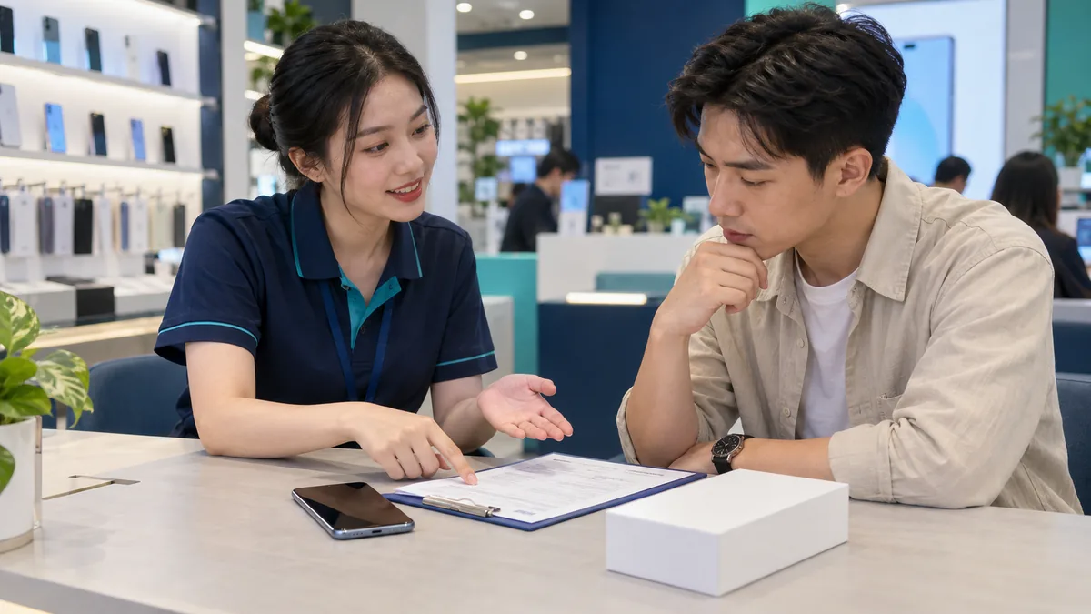 an Android phone on an instalment counter next to a paper contract