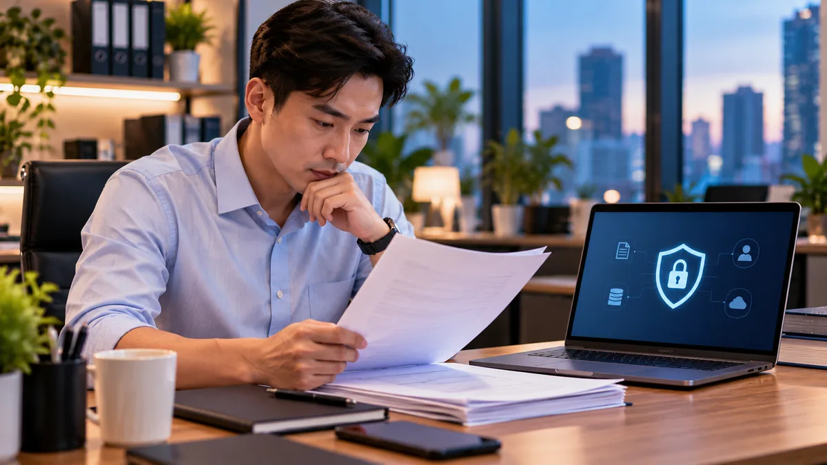an operations lead reading a legal printout at a desk with a company iPhone beside the papers