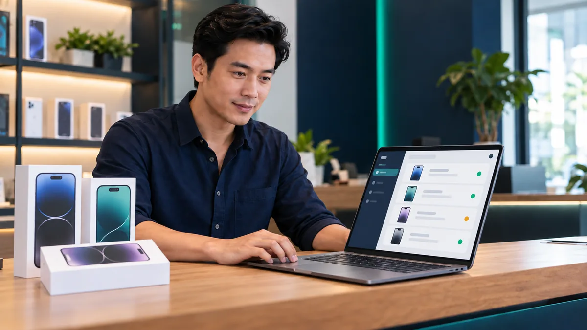a manager reviewing a list of company iPhones on a laptop