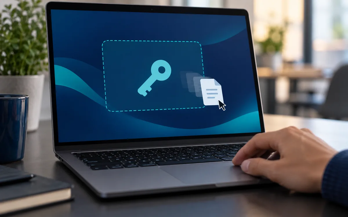 A hand on a laptop trackpad; the screen shows an abstract key and document, with no readable text.