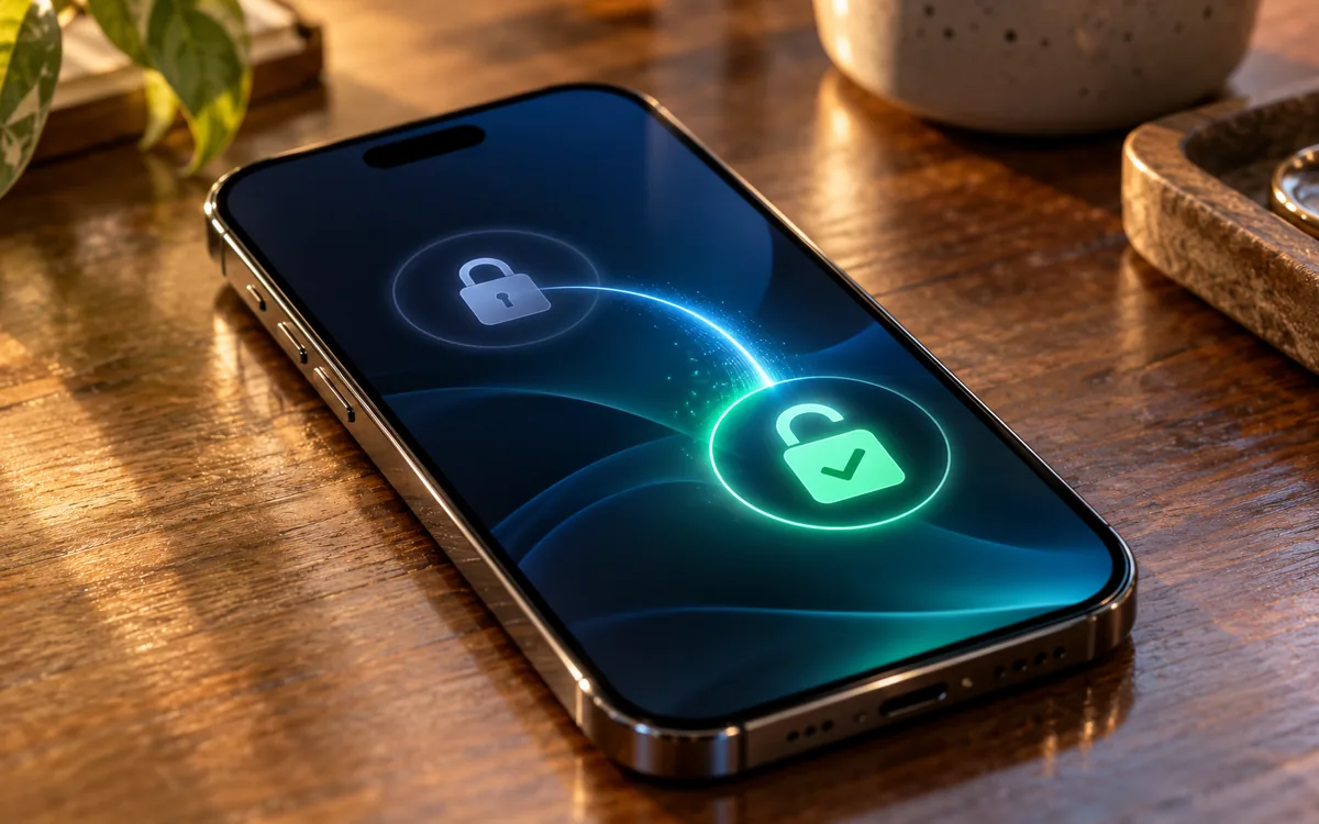 An iPhone on a wooden table, its screen showing an abstract lock turning into an unlocked padlock.
