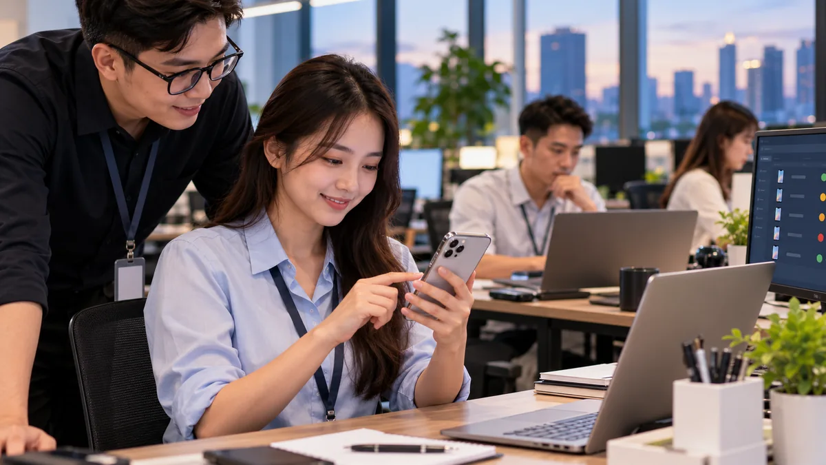 an employee receiving a company iPhone with a handover form on the desk