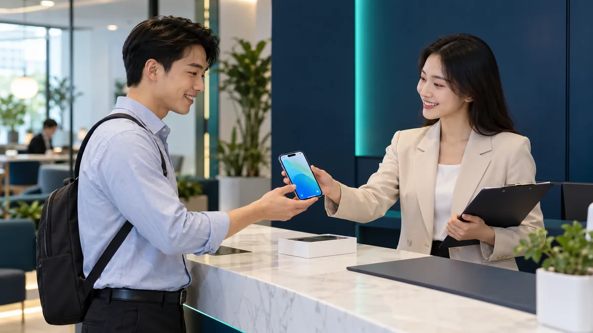 an employee receiving a company iPhone at an office counter