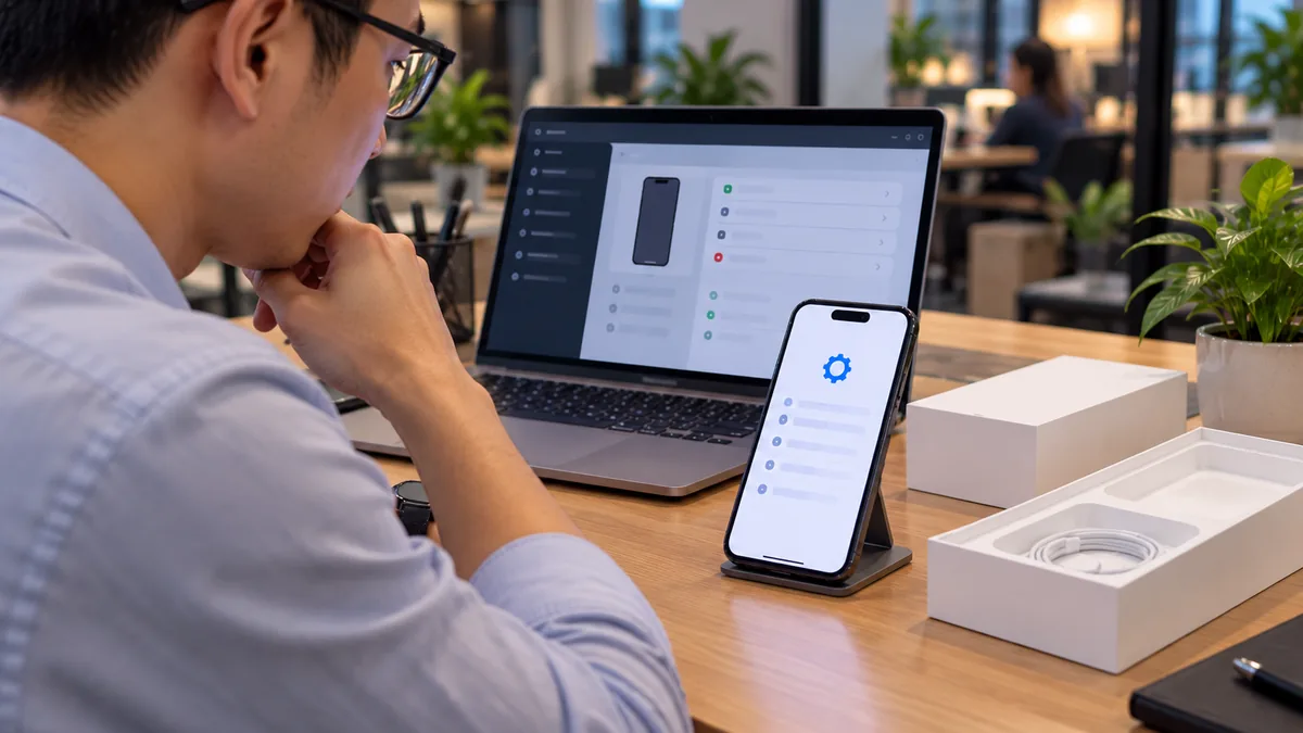 a company iPhone on a desk showing the organisation name during setup