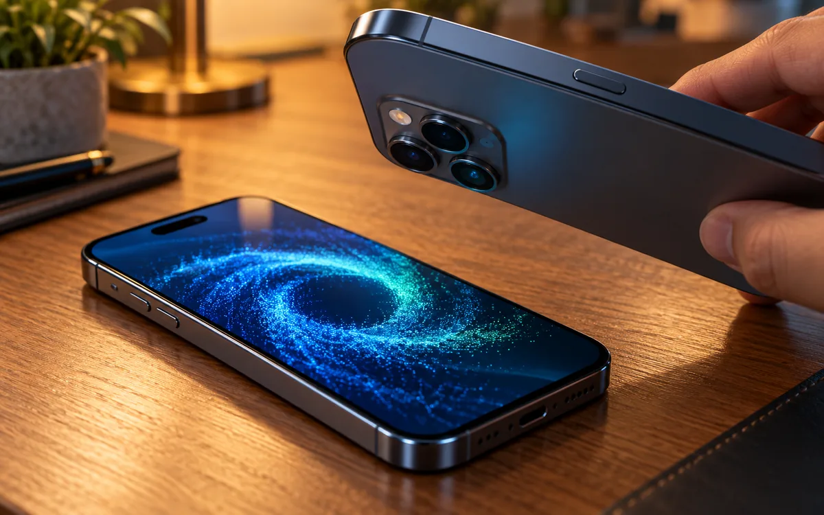 One iPhone lies on a wooden desk while a hand holds a second iPhone above it.
