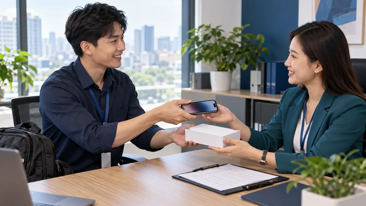 a reclaim desk with a company iPhone, a leaving form and a tray for returned devices