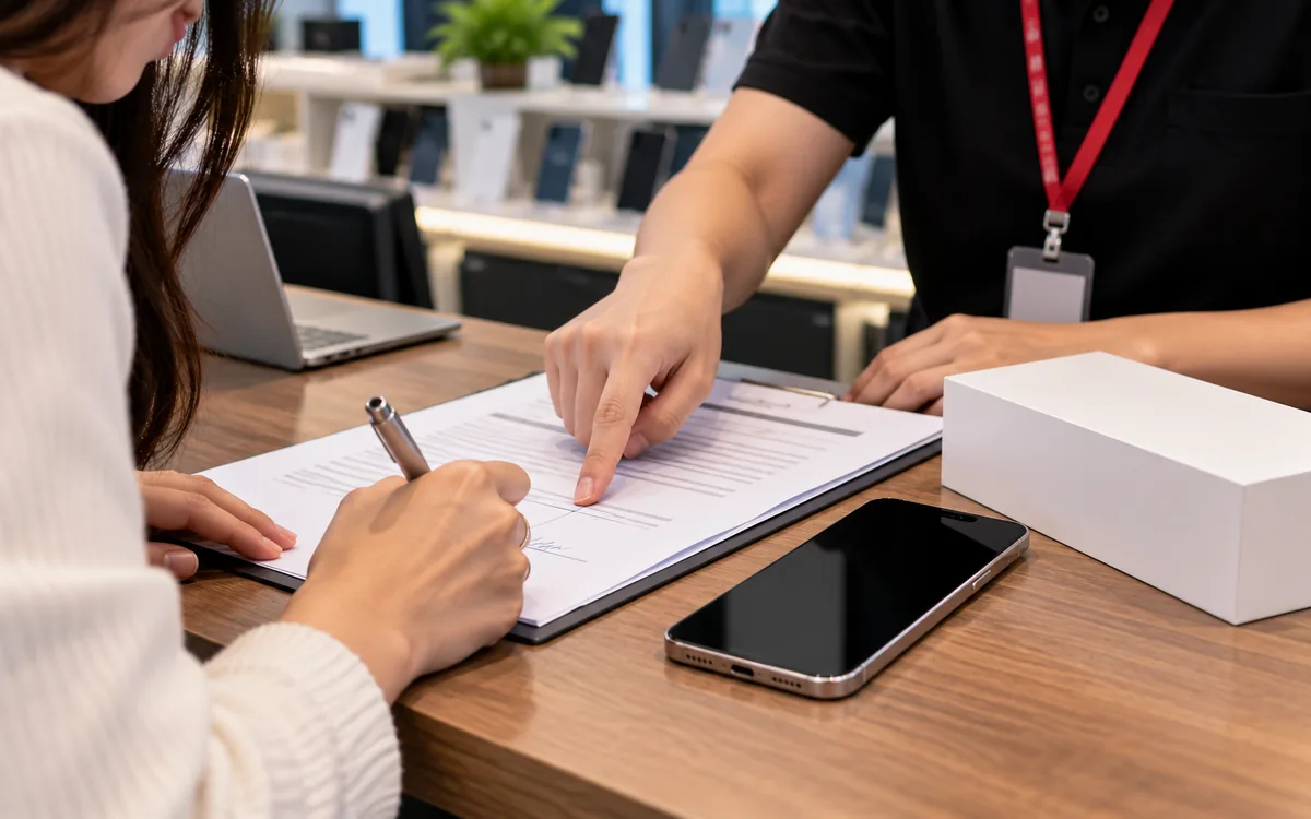 A customer signs a clipboard while a staff member points at the paper; an iPhone and a white box sit on the counter.