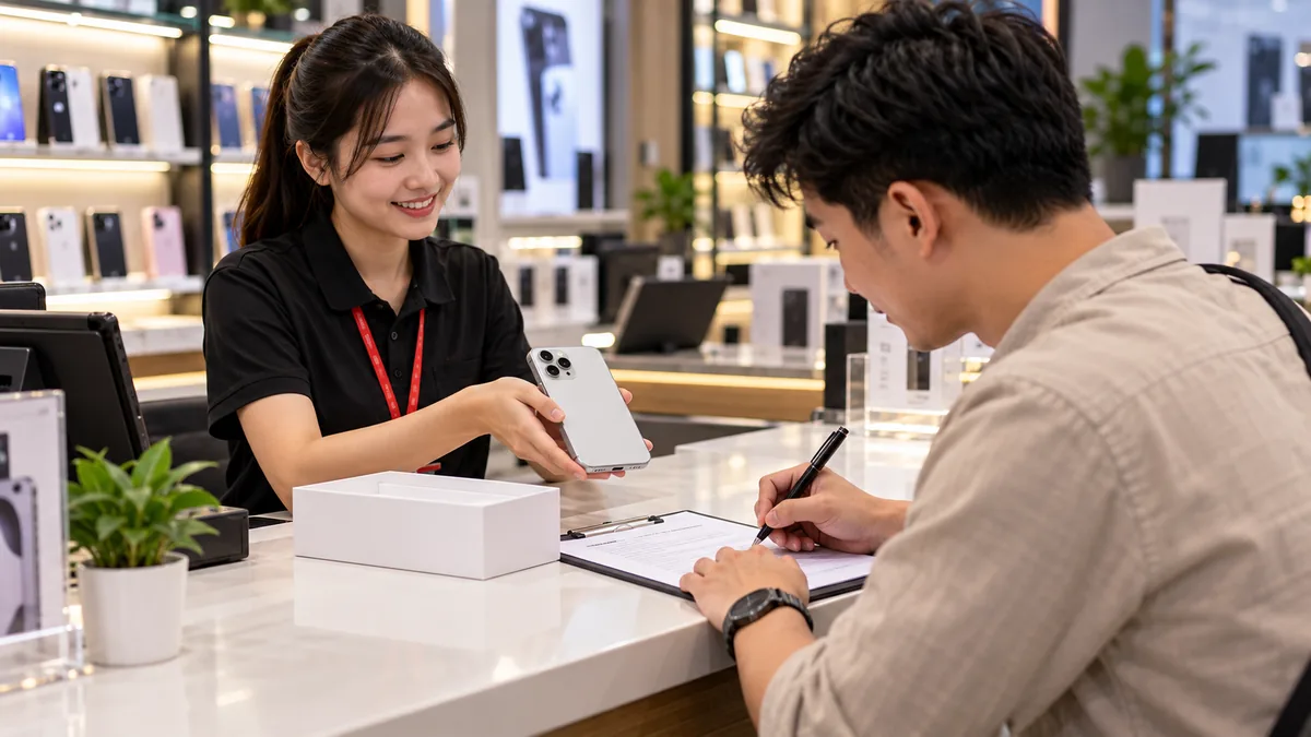 a shop counter handing over an instalment iPhone while the customer signs a contract